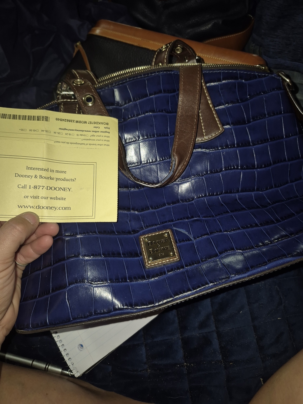 Dooney & Bourke Navy Croc-Embossed Leather Tote with Brown Trim